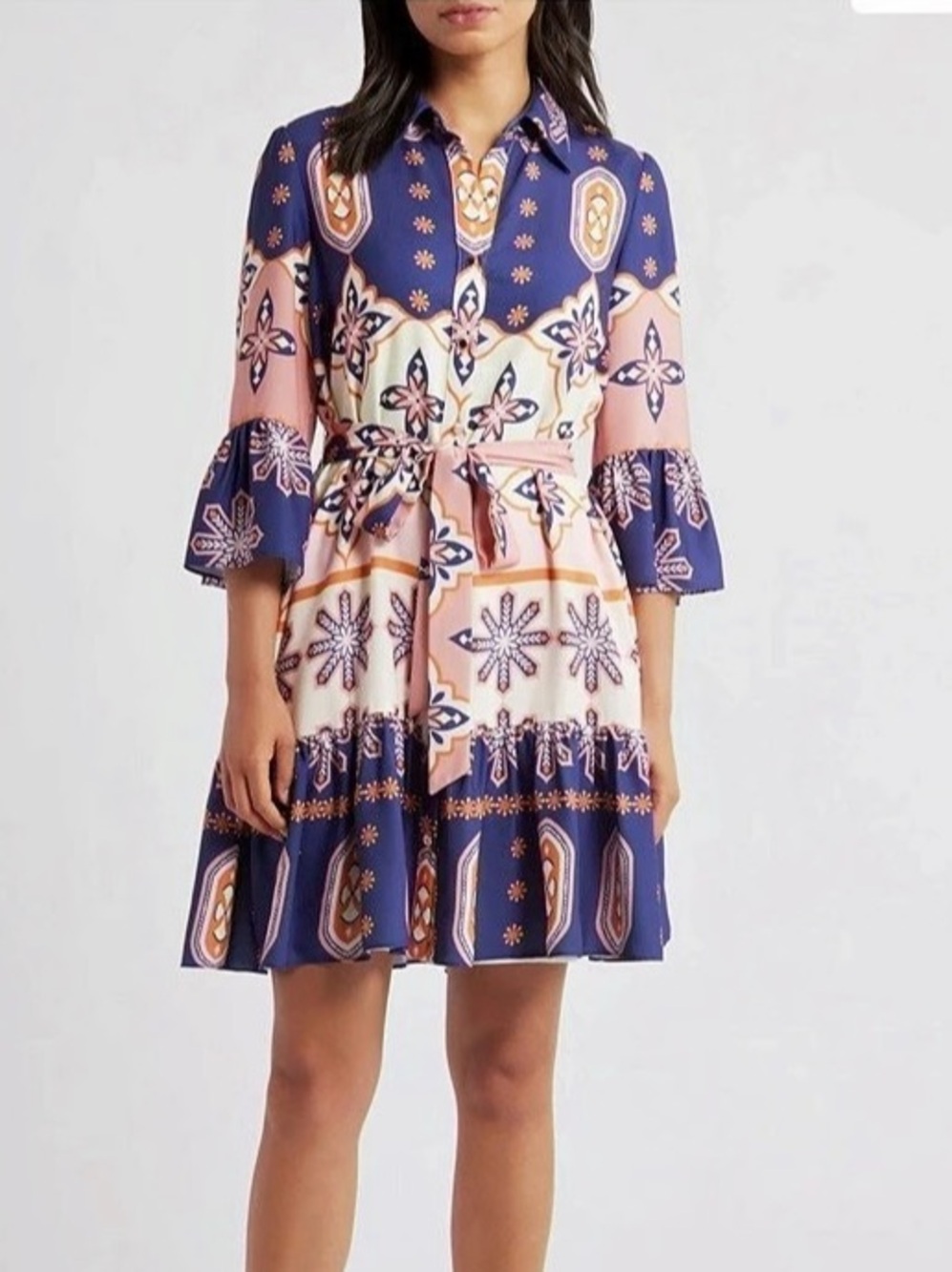 Julia Jordan Tile Print Tie Waist Shirtdress Vibrant Blue & Pink Extra Large XL